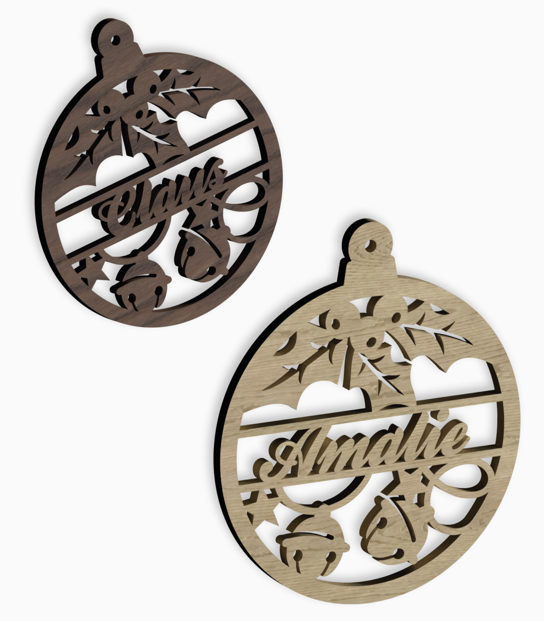 Personlig julekugle i træ, misteltenmotiv Julekugle med navn, "Mistelten"